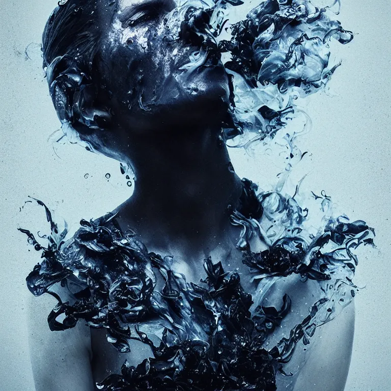 Image similar to 3 d, white and black smoke, sun rays, confident fashion model, sweat skin, liquid black metal, black roses, poster art, high detail, intricate oil painting, multiple exposure, deep blue mood, hyperrealism, 3 d, by tooth wu and wlop and beeple and greg rutkowski