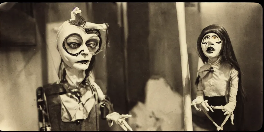 Prompt: 1 9 7 0 s female alive, eerie, creepy masked marionette puppet, unnerving, clockwork horror, mime women, pediophobia, lost photograph, dark, forgotten, final photo found before disaster, realistic, vintage noir, polaroid,