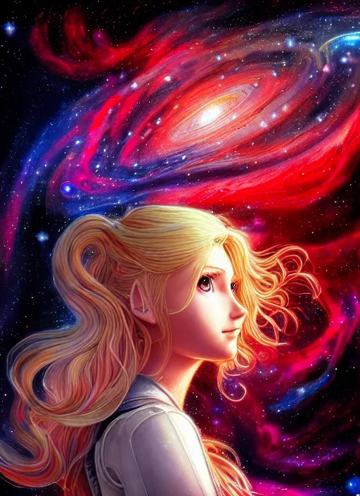 Prompt: highly detailed portrait of a hopeful pretty astronaut lady with a wavy blonde hair, by Josephine Wall , 4k resolution, nier:automata inspired, bravely default inspired, vibrant but dreary but upflifting red, black and white color scheme!!! ((Space nebula background))