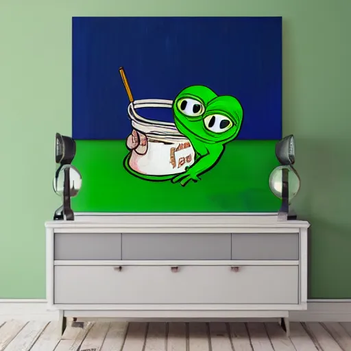 Prompt: pepe the frog painting inside a colorful studio photo in a bedroom