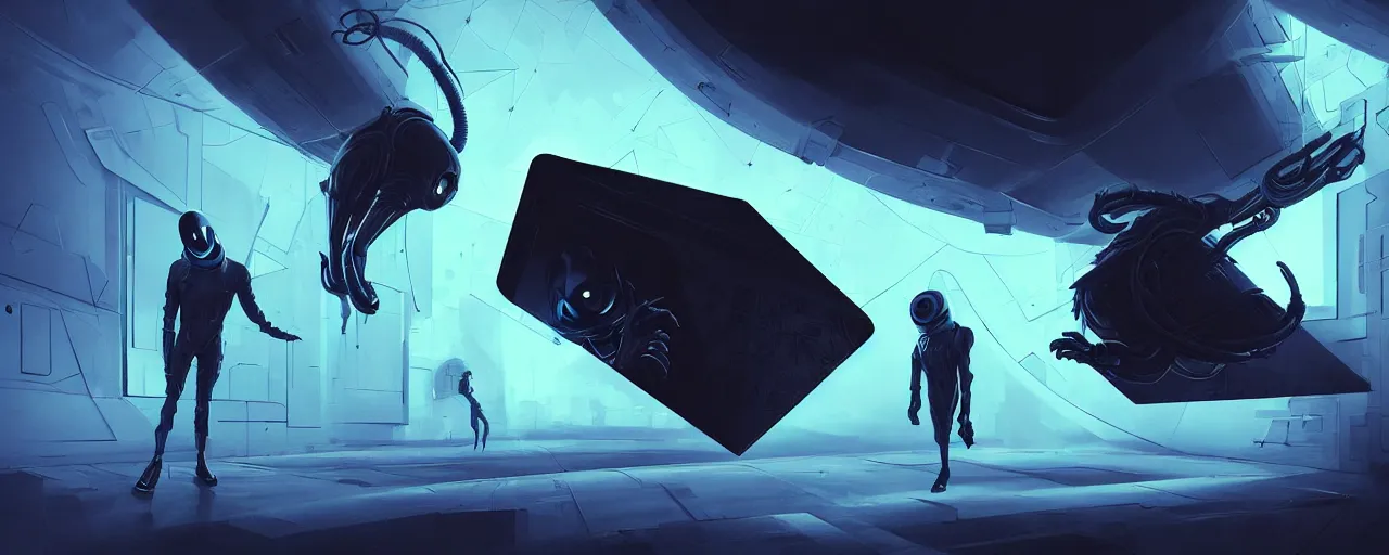 Prompt: duotone noir scifi concept dynamic illustration of 3 d mesh of alien cat inside box floating zero gravity glowing 3 d mesh portals futuristic, glowing eyes, octane render, surreal atmosphere, volumetric lighting. accidental renaissance. by sachin teng and sergey kolesov and ruan jia and heng z. graffiti art, scifi, fantasy, hyper detailed. trending on artstation