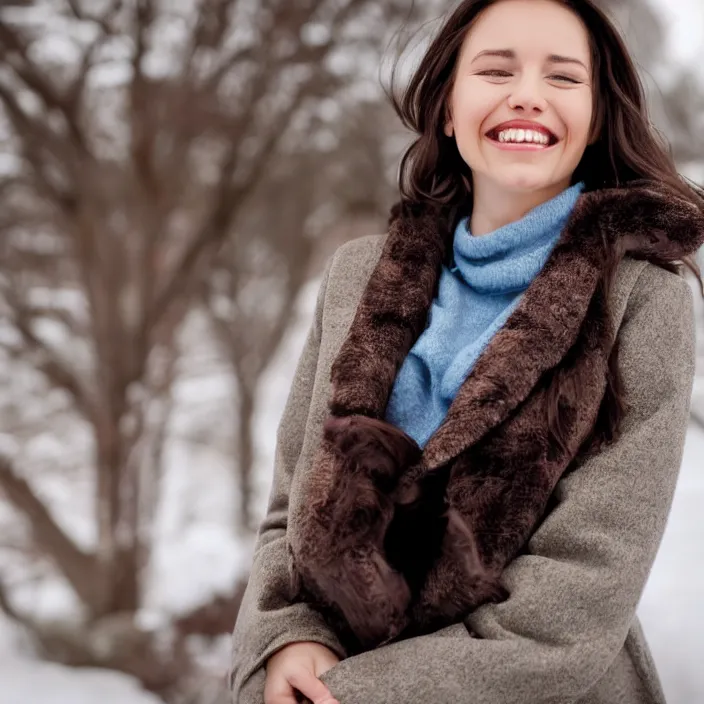 Prompt: a beautiful girl from minnesota, brunette, joyfully smiling at the camera with her eyes closed. thinner face, irish genes, dark chocolate hair colour, wearing university of minneapolis coat, perfect nose, morning hour, plane light, portrait, minneapolis as background. in her early 3 0