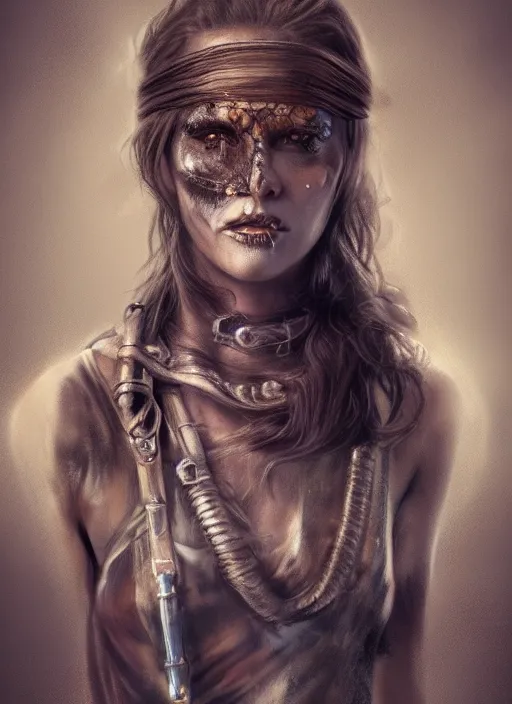 Prompt: full body concept art illustration pastel painting of a female mad max in intricate clothing, beautiful face, ultra detailed, octane render, 8K, dystopian, micro details