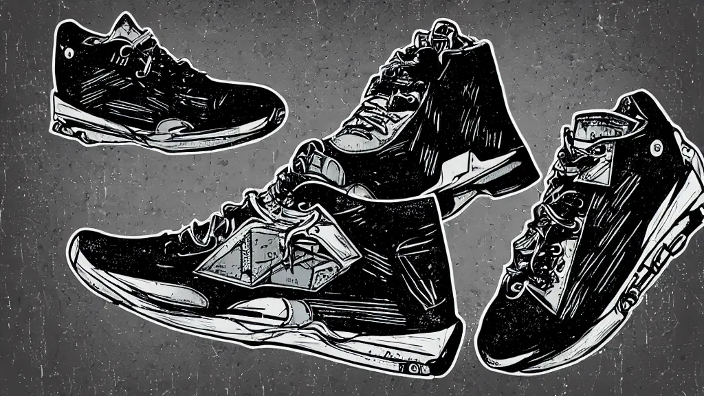 Image similar to sneaker with elements of plane f-18 in the style of cyberpunk noir art deco