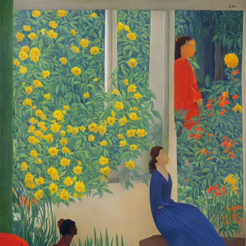 Prompt: a painting in the style of henri rousseau, a man looks through the window of an old house and sees a woman in a blue dress surrounded by sun flowers