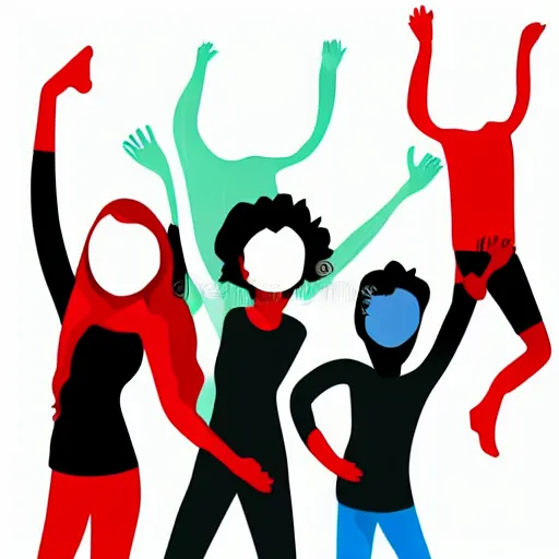 Image similar to team of 4 people vector illustration, no faces, hands raised in joy, vector illustration, white background