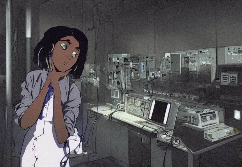 Image similar to dark skin woman wearing a white lab coat with a blue wolf haircut, body connected to wires and connected to 1 9 8 0 s computers, painted by yoshitoshi abe and makoto shinkai, in the style of serial experiments lain, dynamic lighting, dark ambience, 3 5 mm, cell - shaded, detailed face, retro
