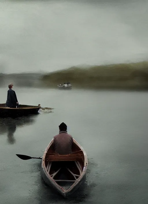 Image similar to a man in a boat in carrick - on - shannon ireland, cinematic, ultra detailed, 8 k, concept art, lisa yuskavage