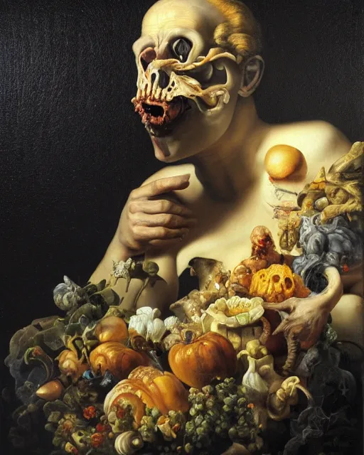 Image similar to refined gorgeous blended oil painting with black background by christian rex van minnen rachel ruysch dali todd schorr of a chiaroscuro portrait of an extremely bizarre disturbing mutated man with shiny skin acne dutch golden age vanitas intense chiaroscuro cast shadows obscuring features dramatic lighting perfect composition masterpiece