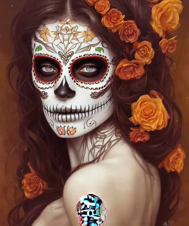 Prompt: sugar skull day of the dead girl, amber eyes, face, long hair, fantasy, intricate, elegant, highly detailed, digital painting, artstation, concept art, smooth, sharp focus, illustration, art by artgerm and greg rutkowski and alphonse mucha
