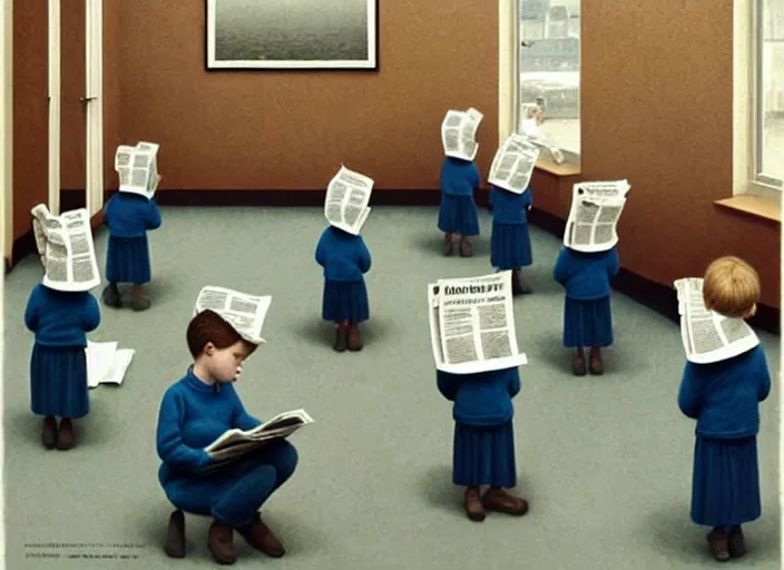 Image similar to a very boring day in school, kids faced away, all wearing identical clothes and reading newspapers, painting by quint buchholz and ray caesar, muted colors, gray, dull, boring, low energy, pale blue faces, very detailed, very coherent