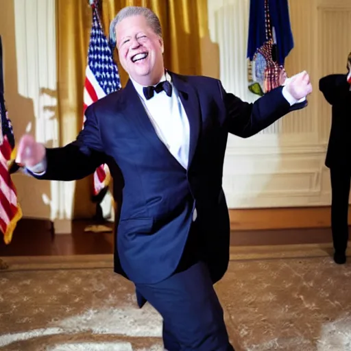Prompt: Al Gore dancing his heart out. White House photo.