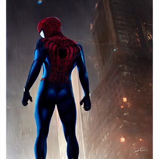 Image similar to ryan reynolds as spider - man, wearing a black and blue suit, cinematic, volumetric lighting, f 8 aperture, cinematic eastman 5 3 8 4 film, photorealistic by greg rutkowski, by stanley artgerm, by alphonse mucha