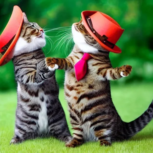 Prompt: photo of two cats dancing wearing bowler hats, realistic