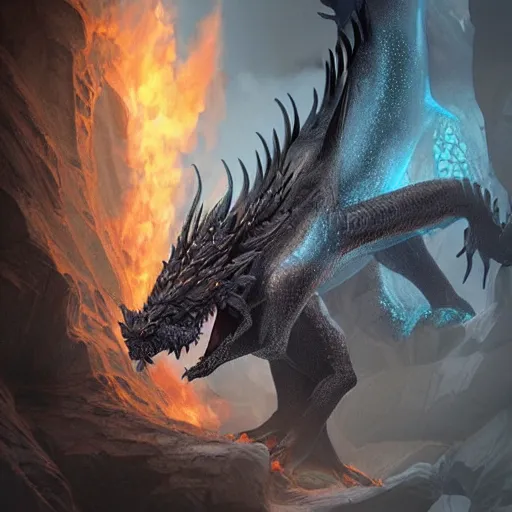 Image similar to fantasy black dragon living in huge cave, lots of details, fire breath, 3 d octane