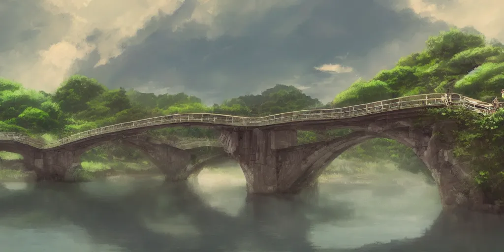 Image similar to a bridge, cinematic angle, studio Ghibli, cinematic lighting, digital art, detailed oil painting, hyperrealistic, 8k