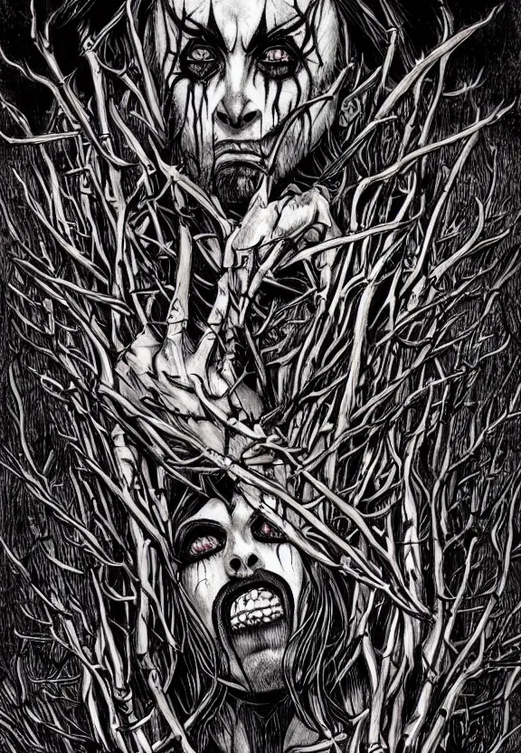 Image similar to man wearing corpse paint and a crown on thorns with long black hair, tears of blood. Wide shot at night. Detailed artwork by Junji Ito and dan Mumford