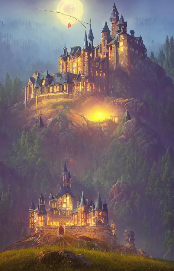 Image similar to magical castle school on a hill, dreamworks, sharp focus, zoomed in, highly detailed, simon stalenhag, print, game art