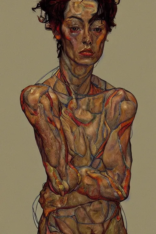 Image similar to a full body character with lifted arms in style of egon schiele, masterpiece, hyperdetailed, complex, intricate, veiled, 4 k, dynamic!! trending on artstation,