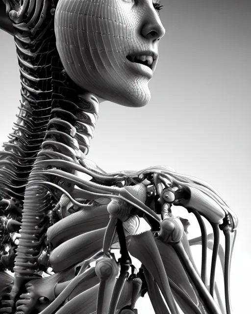 Image similar to raw bw 3 d redshift render flesh biomechanical intricate spinal ribbed jelly body detail of mechanical female vegetal - cyborg, beautiful insanely detailed, digital art, octane render, 8 k artistic photography, photo - realistic, unreal engine