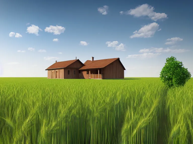 Image similar to hyperrealism concept art design of beautiful house in small ukrainian village, wheat field behind the house