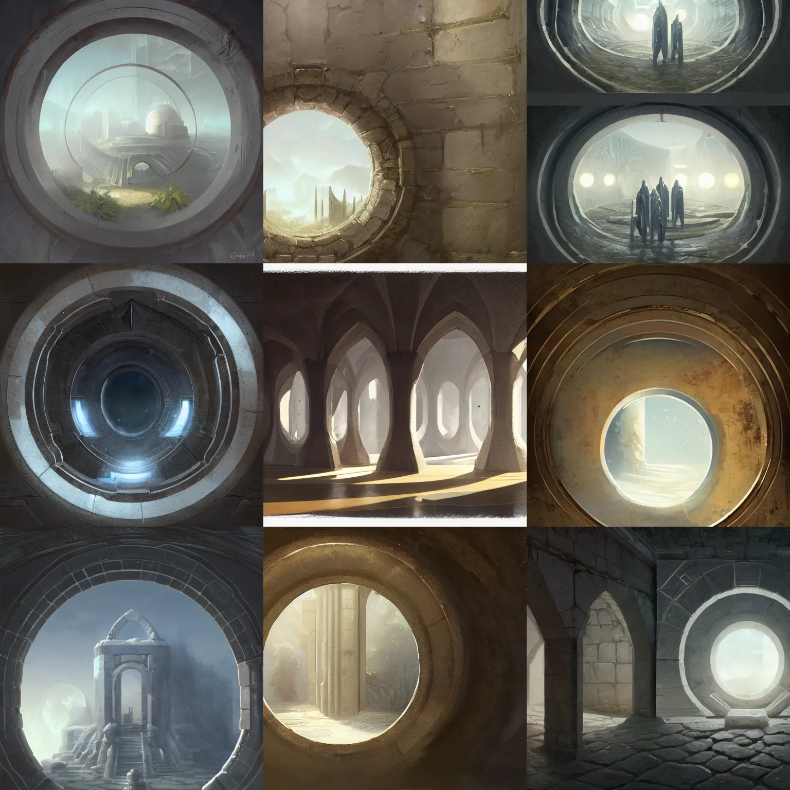 Prompt: lateral cross - section view. wall with a circular portals to another world. framed, centralized, ethereal, rich estate, fantasy, smooth, sharp focus, high detailed digital art trending in artstation. artist greg rutkowski