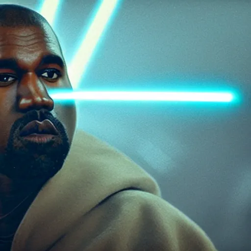 Image similar to Portrait of Kanye West as a jedi in Star Wars, holding lightsabre. splash art, cinematic lighting, dramatic, octane render, long lens, shallow depth of field, bokeh, anamorphic lens flare, 8k, hyper detailed, 35mm film grain