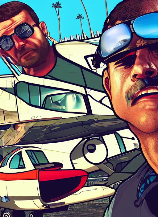 Prompt: illustration gta 5 artwork of mr steele fpv pilot, in the style of gta 5 loading screen, by stephen bliss