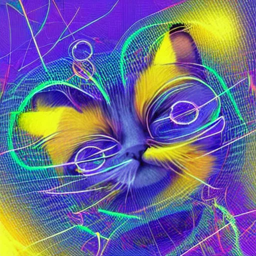 Image similar to strange attractor, but with cats in cyberspace
