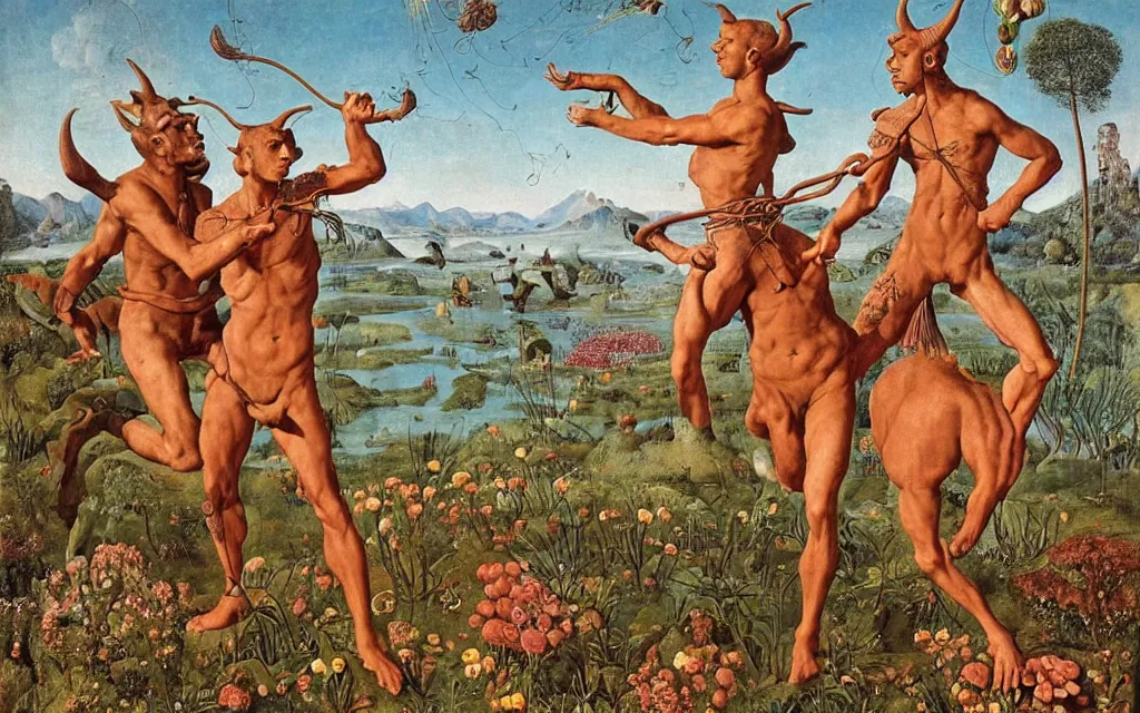 Image similar to a portrait photograph of a meditating satyr and a centaur monk riding a rocket machine and hunting at a river delta. surrounded by bulbous flowers and trees. mountain range under a blue sky of fiery stars. by jan van eyck, max ernst, ernst haeckel, ernst fuchs and artgerm, cgsociety, fashion editorial, 8 k