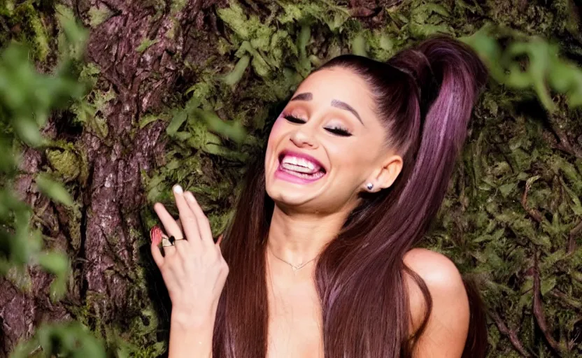 Image similar to ariana grande maniacally laughing in a dark forest