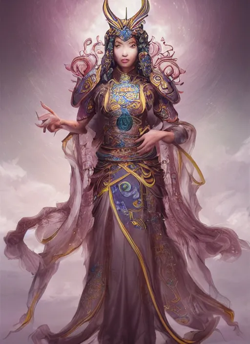 Prompt: chinese mythology, a beautiful chinese queen by huang guangjian, artgerm, ross tran, fenghua zhong, perfect body - shape, full - length portrait, symmetrical face, celestial being, fantasy elf armor, hyperreality, artstation, final fantasy, symmetrical, elite, luxury, morandi color scheme