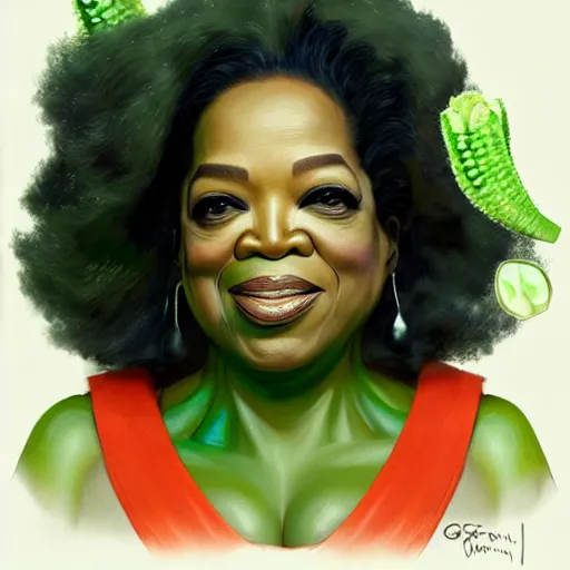 Image similar to a dish of oprah winfreys face fused with okra veg with green stalky ( ( green oprah winfrey's face ) ), oprah okra winfrey sentient veg, by greg rutkowski