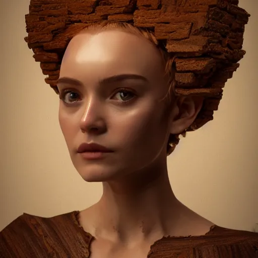 Image similar to beautiful girl in a dress made of wood, beautiful portrait, symmetrical, character concept style trending on artstation concept art detailed octane render cinematic photo - realistic 8 k high detailed