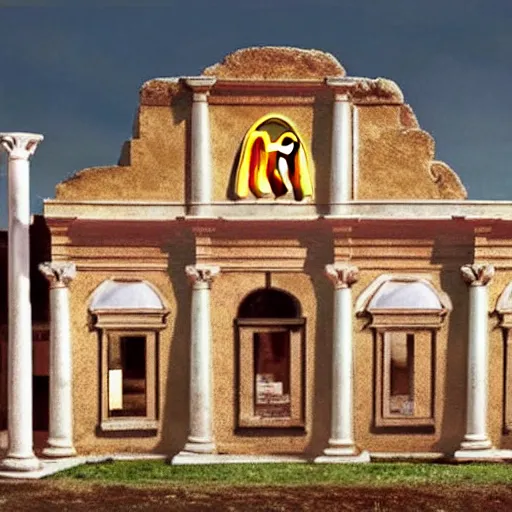 Image similar to Beautiful Promotional Photograph of ancient Roman McDonalds, McDonalds in ancient Rome, wideshot,longshot,fullshot.