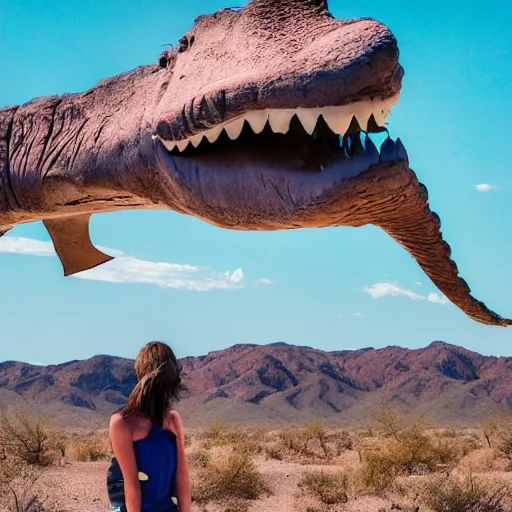 Image similar to 🐋🦖🐙 👽 🐳 in desert, photography