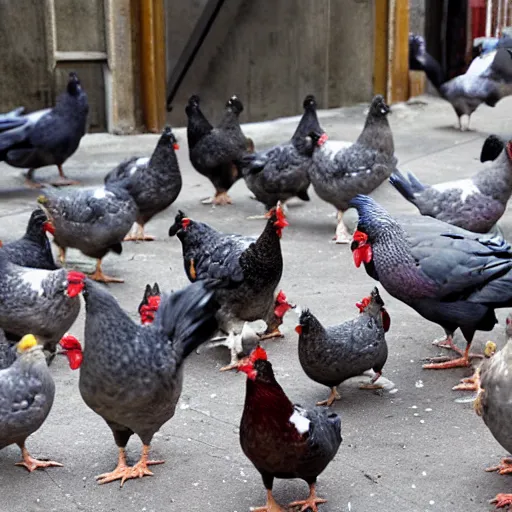 Image similar to a social gathering of gangster chickens and pigeons