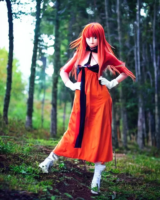 Prompt: beautiful Asuka Langley from evangelion as a real person dressed as a slavic priestess in holy birch forest in spring, 35mm, iPhone photo, HDR, DSLR, cinematic, trending on Instagram, 8k, 4k