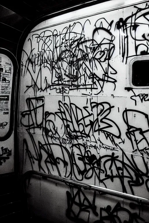 Image similar to subway cabin inside all in graffiti, man in stussy jacket closeup writing graffiti, night, film photography, exposed b & w photography, christopher morris photography