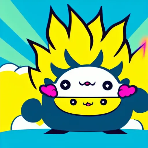 Image similar to kawaii wacky fluffy popcorn with lightning bolt power, yokai, in the style of a mamashiba, with a yellow beak, with a smiling face and flames for hair, sitting on a lotus flower, white background, simple, clean composition, symmetrical