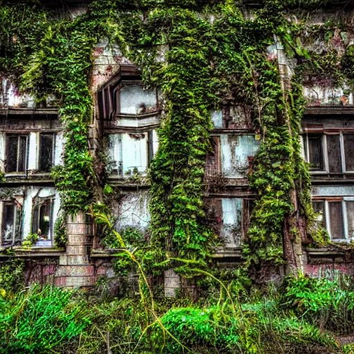 Image similar to Beautiful Landscape art of a ancient futuristic looking civilization, urbex, abandonned buildings, ivy creeping around technology