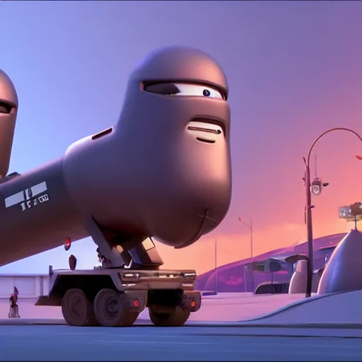 Image similar to HIMARS multiple rocket launcher system stylized caricature in Big Hero 6 (2014), animated cinematography 3D CGI movie