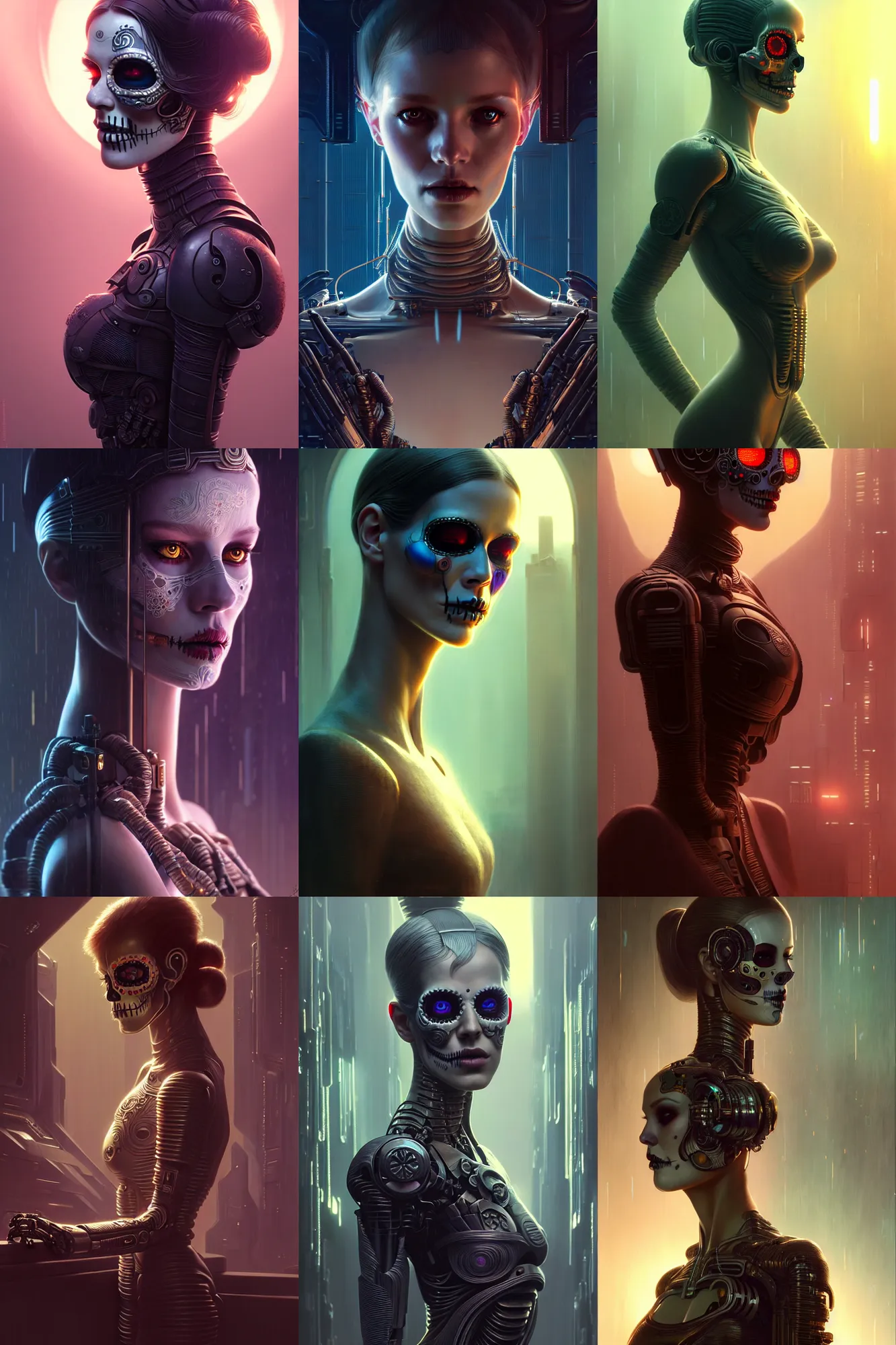 Prompt: beautiful female android!, intricate detailed environment, moody portrait by paul bellaart, global illumination, cinematic, ( el dia los muertos ), smooth, blade runner, photorealism, hd, 8 k, beautiful, cinematic, art by moebius and rutkowski and artgerm and mucha and loish and wlop