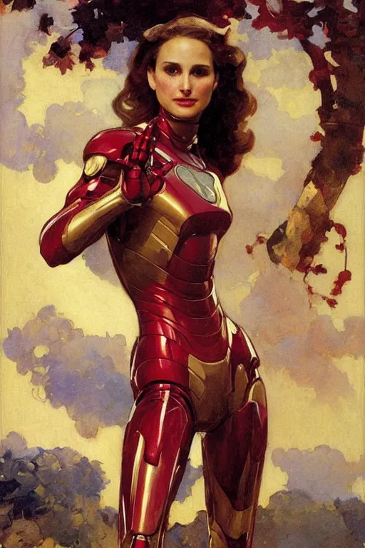 Prompt: elegant romantic portrait photo of natalie portman as iron man by greg manchess, mucha, william adolphe bouguereau, john singer sargent, sorolla, winslow homer, dean cornwell, james gurney, kilin eng, ilya repin, alfred cheney johnston