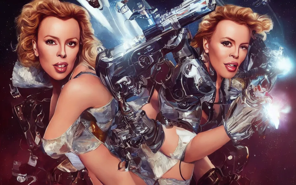 Image similar to kylie minogue as barbarella. floating through an airlock, holding a raygun. soft lighting. glamorous. sophisticated. hyper detailed painting. trending on artstation. cinematic.