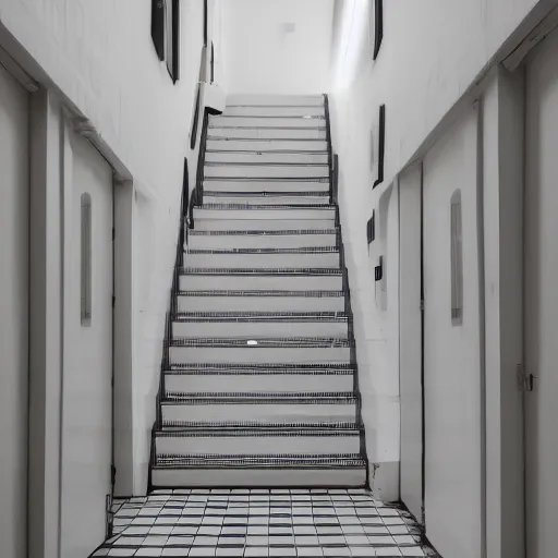 Image similar to photo of randomly connected corridors, stairs and rooms. ceramic white tiles on all the walls.