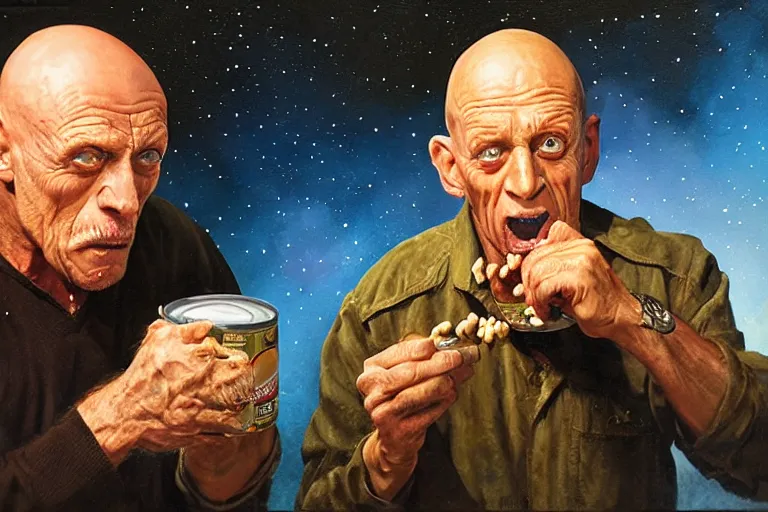 Image similar to portrait of michael berryman outside at night eating a can of beans, an oil painting by ross tran and thomas kincade