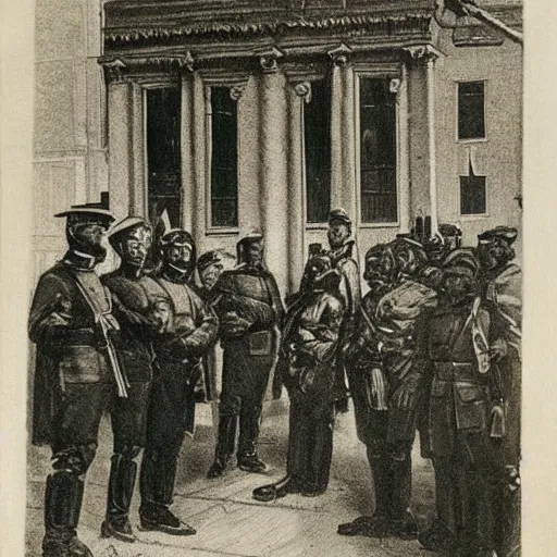 Image similar to by william henry hunt ornamented. the experimental art of a police station in the lithuanian city of vilnius. in the foreground, a group of policemen are standing in front of the building, while in the background a busy street can be seen.