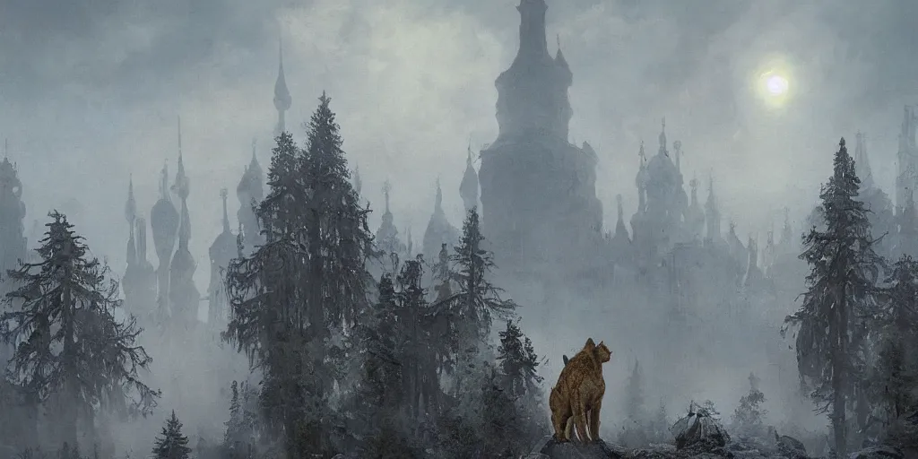 Prompt: bruins of magical ancient Slavic city of Kitezh in mist, magical glow, magic mist, strange buildings, oil painting, painting by Viktor Vasnetsov, concept art, fantasy cityscape, ancient Russian architecture, painting by Ivan Shishkin, hyperborea, high resolution, huge factories, trending on artstation, hyperrealism