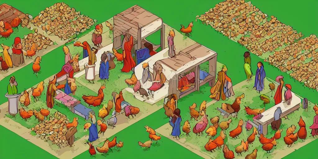 Prompt: Jesus is feeding the chickens, isometric illustration